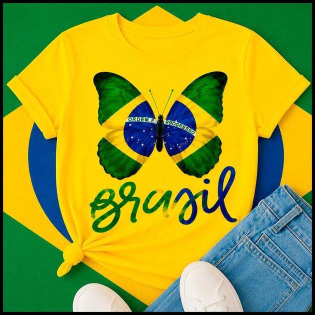 Camiseta Feminina Brasil Borboleta 100% Algodão Manga Curta T-shirt Verão