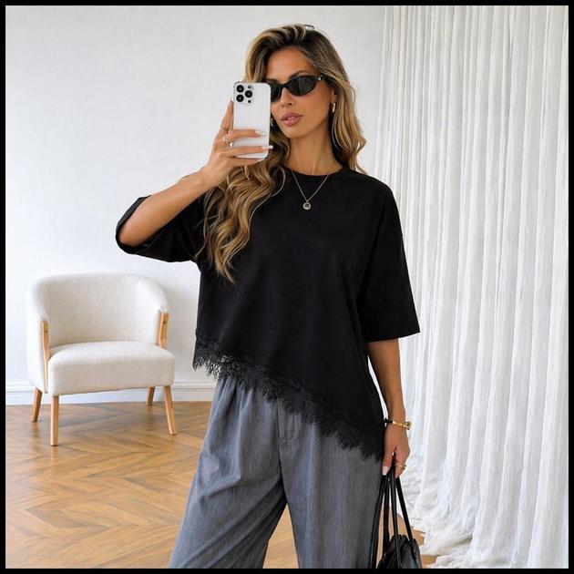 BLUSA FEMININA OVERSIZED DE RENDA BLUSA ASSIMÉTRICA BLUSA FEMININA ESTILOSA T SHIRT FEMININA ALGODÃO