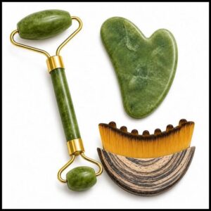 Kit Massagem Facial Premium com Rolo de Jade Verde, Pedra Gua Sha e Escova para Drenagem Linfática