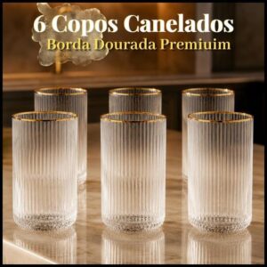 Jogo de Copos Vidro Borda Dourada Canelado 12 ou 6 unidades 420ml Elegante