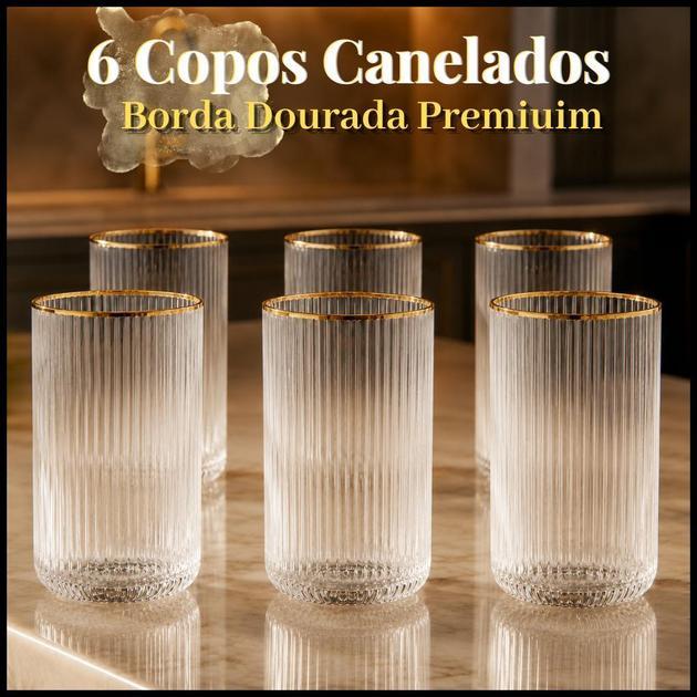 Jogo de Copos Vidro Borda Dourada Canelado 12 ou 6 unidades 420ml Elegante