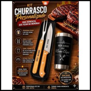 Kit churrasco Premium 3 em 1 Personalizado + copo térmico 473ml, personalizado com seu nome e logo