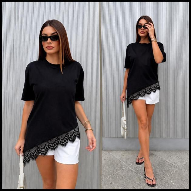 Blusa Feminina com Renda Blusinha Assimétrica 100%Algodão Blusa Feminina Estilosa Moda Blogueira