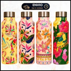 Garrafa de Água Aço Inox Estampada Tropical 800ml Estilo Farm