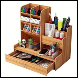 Organizador De Mesa Mdf Escritório Multiuso C/ Gaveta Nicho Canetas