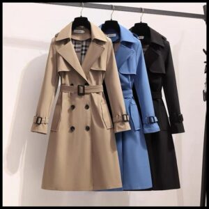 Moda Coreana Vintage Casaco Solto Mola De Outono Pólo De Manga Longa Duplo Peito Alto Midi Windbreaker