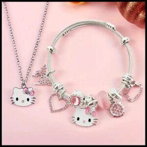2 Pçs/set Hello Kitty Charms Pulseiras Bonito KT Cat Bangle E Colar Para Pequena Namorada Fresca Casal Acessórios