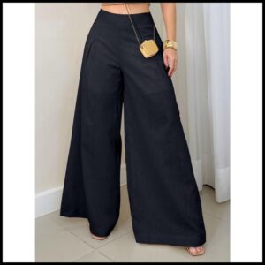 EMILI Calça Pantalona Feminina Linho / Zíper Na Lateral/ Sem Passante/ Forro Short-93143