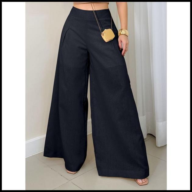 EMILI Calça Pantalona Feminina Linho / Zíper Na Lateral/ Sem Passante/ Forro Short-93143