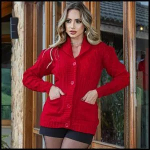 Casaco Feminino Inverno Grosso Cardigan Elegante Trança Lã