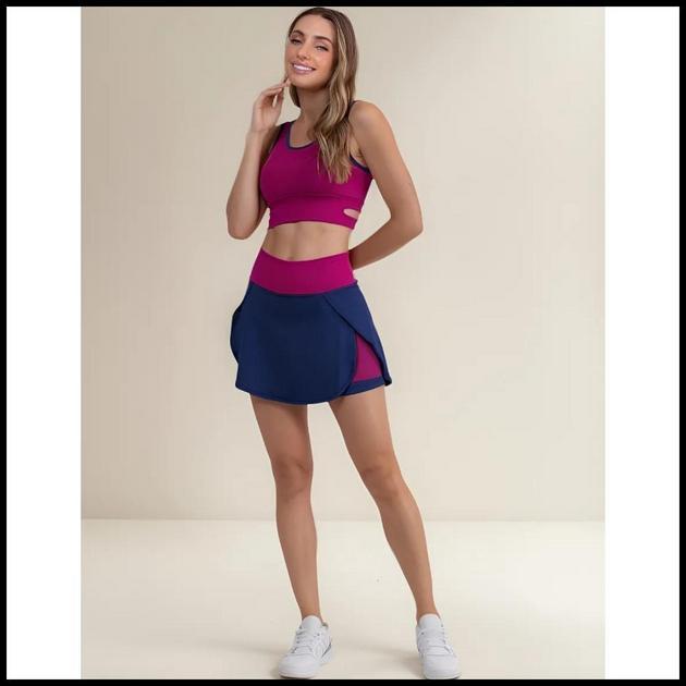 Conjunto Fitness Feminino Top com Recorte + Short Saia com Bolso – Academia e Treino