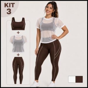 Conjunto Fitness Feminino 3 Peças Calça Legging + Top + Blusa Tule Academia Cintura Alta