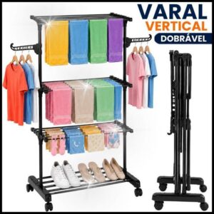 Varal Vertical Dobrável Com Rodinhas Articulado 3 Níveis Andares Organizador Roupas Toalhas Pouco Espaço Apartamento