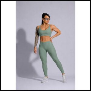 Conjunto Fitness Feminino Top + Calça Cintura Alta Verde Sálvia Premium