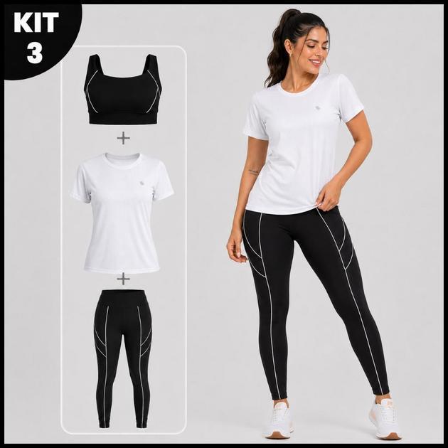 Conjunto Fitness Feminino 3 Peças Legging Cintura Alta + Top + Camisa Dry Fit Academia Zero Transparência