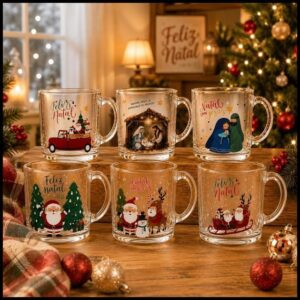 Kit Até 6 Canecas de Vidro Natal 250ml Estampas Sortidas Festa