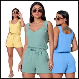 Conjunto Feminino Regata e Short Duna com Botões e Cós Elástico