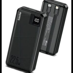 Power Bank Basike 20000mAh Preto, Carga Rápida 22.5W para iPhone e Samsung, Com Cabos Embutidos e Display