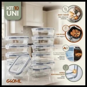 Kit 10 Pote De Vidro Marmita Hermético 640ml Freezer Fitness Rishon