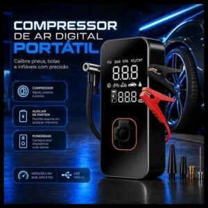 Bomba Elétrica Portátil Digital Para Encher Pneu De Carro Moto Bicicleta Inflador Automotivo Cor Preto