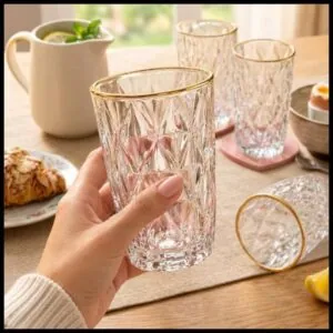 Jogo 6 Copos de Vidro Diamond Borda Dourada 350ml Mesa Posta Luxo