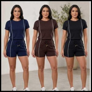 Conjunto Short e Camiseta Confort Feminino de Malha com Listra lateral Super confortável - Lívia Confort