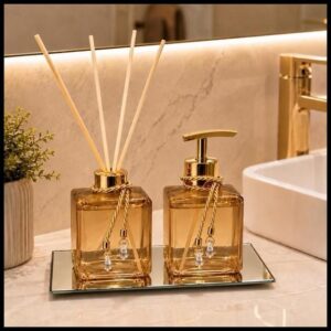 Kit Lavabo Pet Ambar Difusor de Varetas e Saboneteira Luxo Bandeja Banheiro Casa