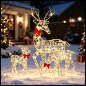Kit 3 Renas de Natal em Ferro Artesanal com Luz LED Decoração Brilhante para Jardim e Casa -N8