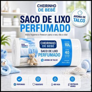 Saco de Lixo Perfumado Aroma Talco 10L 40 Sacos 34x38cm Pia Banheiro Anti Odor Mau Cheiro Resistente