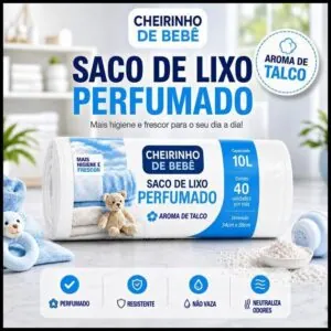 Saco de Lixo Perfumado Aroma Talco 10L 40 Sacos 34x38cm Pia Banheiro Anti Odor Mau Cheiro Resistente