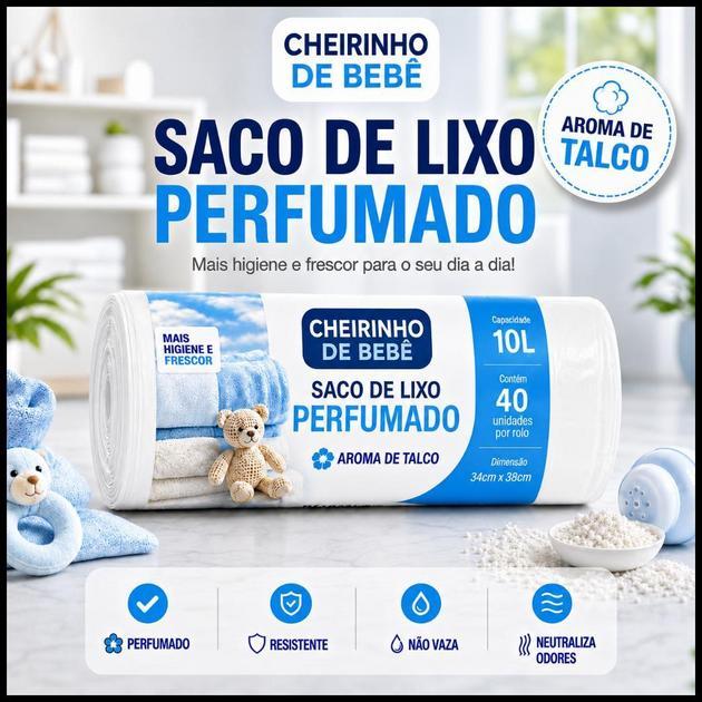 Saco de Lixo Perfumado Aroma Talco 10L 40 Sacos 34x38cm Pia Banheiro Anti Odor Mau Cheiro Resistente