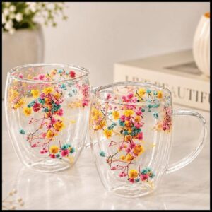 Xícara Caneca De Vidro Parede Dupla Com Flores Seca Caneca