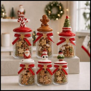 Potes de Vidro Natalinos 300mL - Porta Mini Biscoitos Porta Doces Bomboniere Decoração de Natal com Tampa Decorada