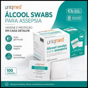 Kit Alcool Swab Isopropílico 70% Uniqmed 100 Unidades Lenço para Assepsia Sachê Profissional Dupla Camada