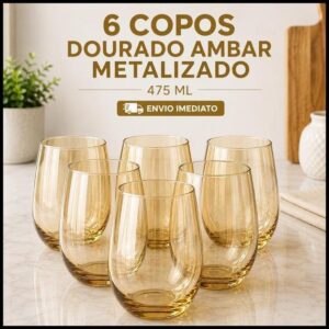 Jogo 12/6/4 Copos Vidro Dourado Metalizado Luxo 475ml - Resistente Aruba
