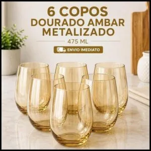 Jogo 12/6/4 Copos Vidro Dourado Metalizado Luxo 475ml - Resistente Aruba