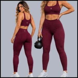Conjunto Academia Treino Top e Calça Legging Feminino Fitness cós Alto Zero Transparência cor vinho
