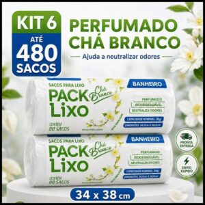 Sacos de Lixo Perfumado Chá Branco Kit Para Pia e Banheiro 34x38cm Neutraliza Odores 10L Cheiroso
