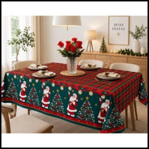 Toalha de Mesa Natalina 4, 6 e 8 Lugares Oxford Natal Estampada Papai Noel Vermelho Verde