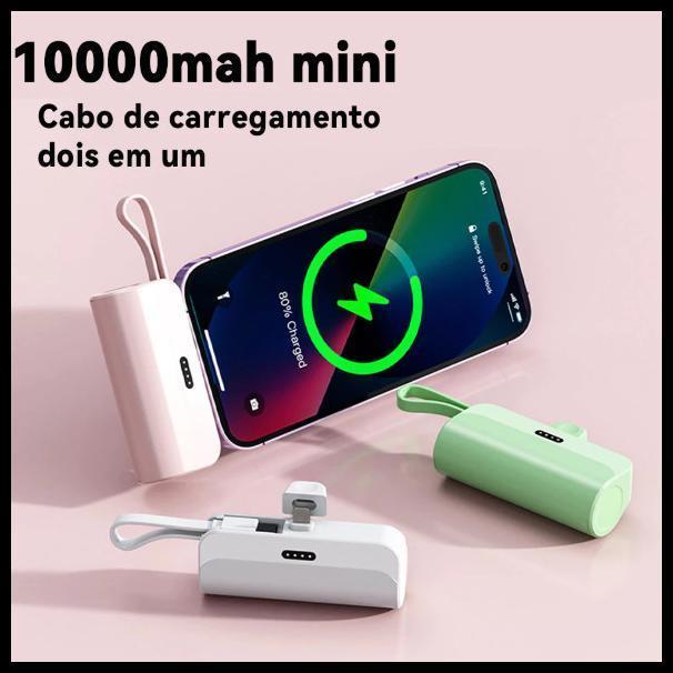 Carregador Portátil Mini Power Bank 10000mAh Com 02 Saídas Tipo-C / Lightning