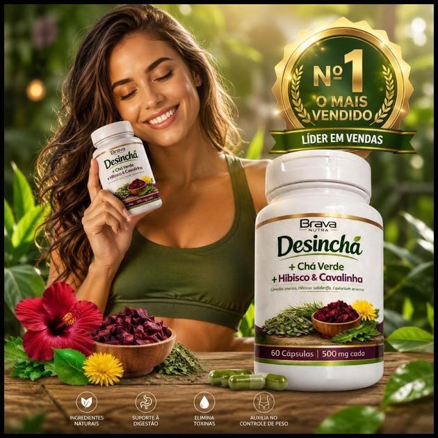 Chá Natural Brava Nutra | Chá Verde + Hibisco + Cavalinha | Reduz Inchaço | 60 Cápsulas