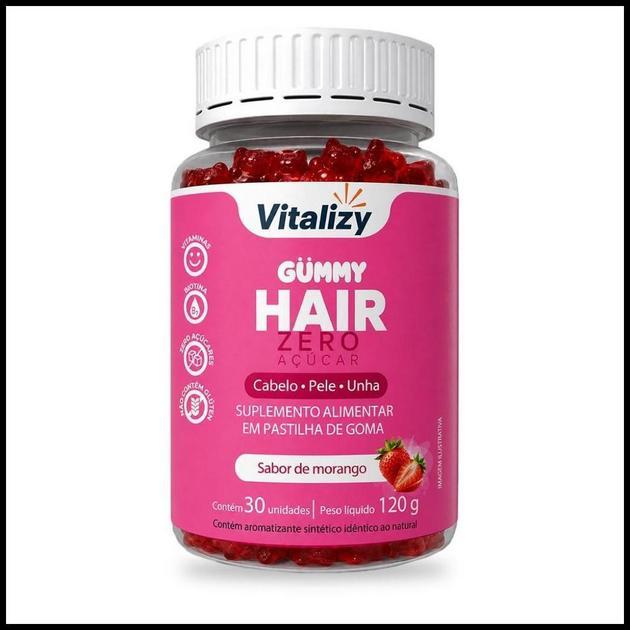 Gummy Hair Vitamina Cabelo Pele Unhas com Biotina Crescimento Capilar 30 Gomas Morango Zero Açúcar Vitalizy Original
