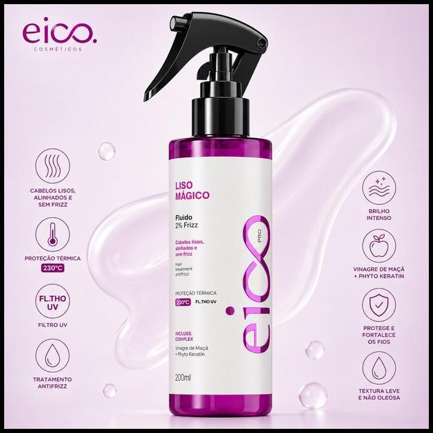 Protetor Termico Cabelo Eico Pro Liso Mágico 200ml Anti Frizz Spray de Cabelo Leave in Protetor Térmico