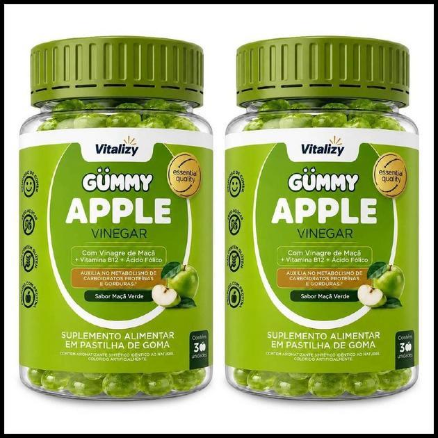 Kit 2x30 Gummy Vinagre de Maçã em Gomas Apple Cider Vinegar Zero Açúcar Sabor Maçã Verde Vitalizy