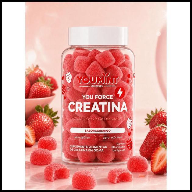 Creatina Em Goma Youmint Zero Açúcar Sabor Morango 60 Gomas 3g Creatina P/ Dose