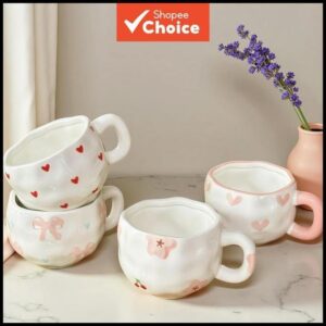 Conjunto De Caneca E Pires De Cerâmica Com Laço Pintado À Mão , Xícara De Chá Café Fofa , Escritório Doméstico