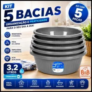 Kit 5 Bacias Multiuso 3,2L Plásticas Caneladas Redondas Reforçadas Para Cozinha Lavanderia Casa Jardim