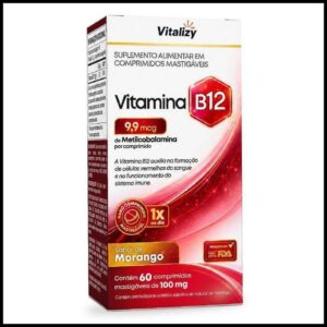Vitamina B12 Metilcobalamina 60 Comprimidos Mastigáveis Sabor Morango Alto Teor Zero Açúcar Original Vitalizy