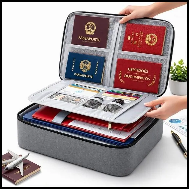 Bolsa Pasta Organizador De Documentos Vários Compartimento Trava Com Segredo Passaporte Porta Cartão