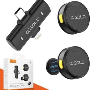Microfone de Lapela Sem Fio Bluetooth Kit 2 Microfonones Abafamento de Ruído Até 10 Horas Tempo de Trabalho Compatível com Camera, iPhone, Android, PC - Conexão Android e USB-C - Linha AGold Premium